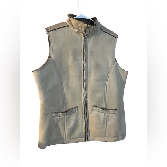 Woolrich women Large Faux Suede Sherpa Lined Vest Khaki Tan Pockets Full Zip - Picture 1 of 10